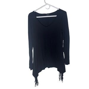 Black V-Neck Fringe Hem Top | M